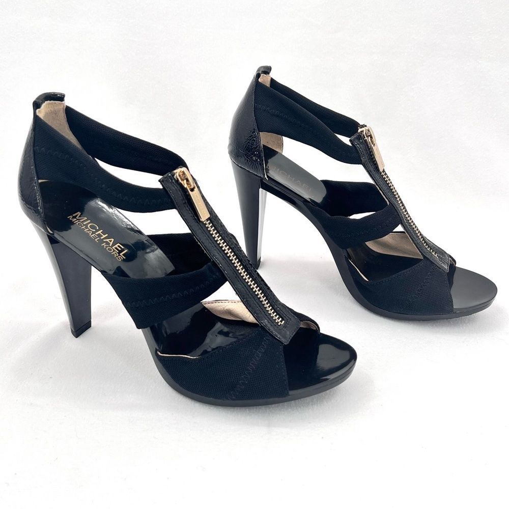Michael Kors Berkeley Black Stretch T-Strap Leather Gold Zip Sandal Heels Sz 7.5